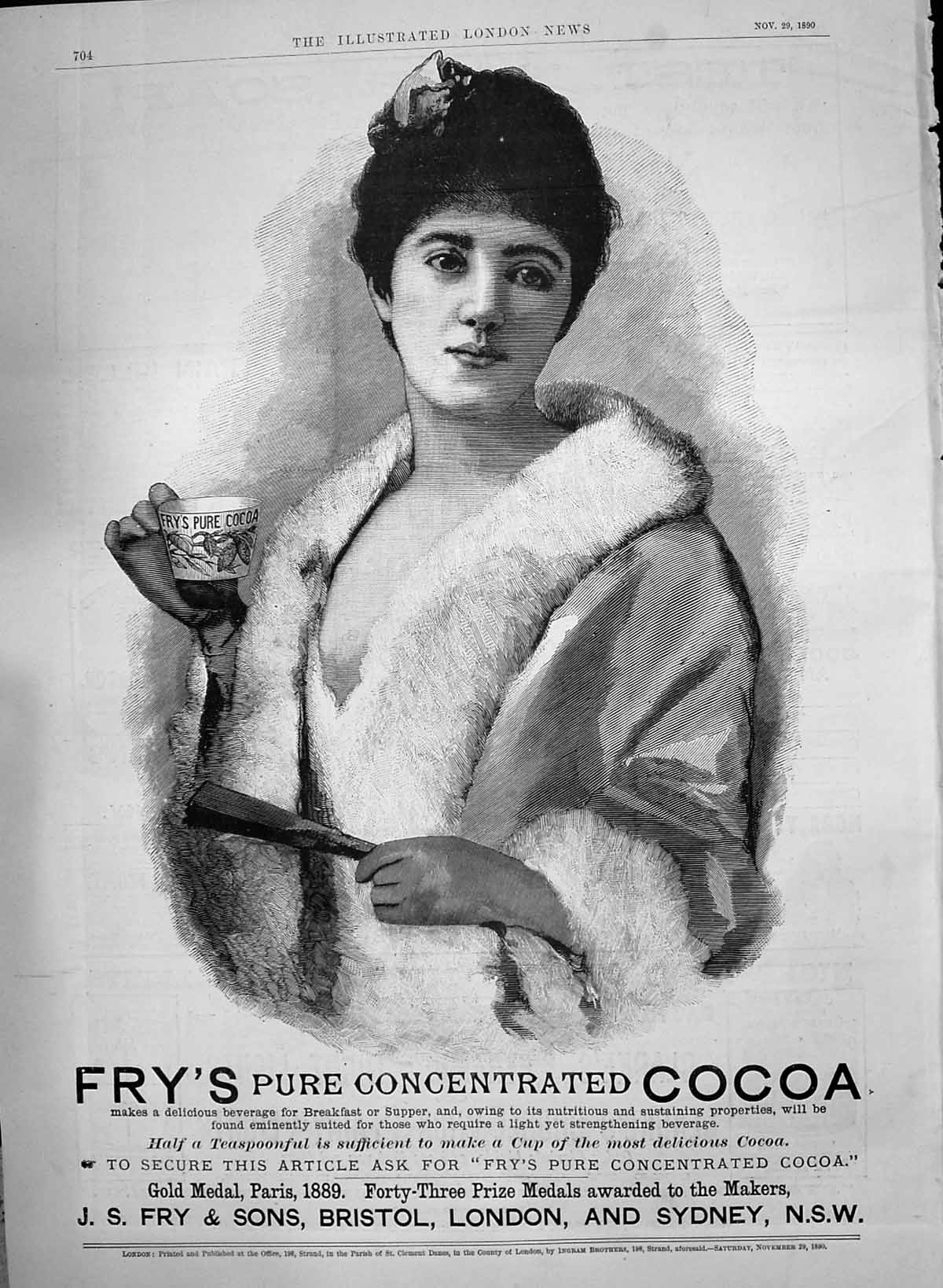 Old Print 1890 Advertisement Fry'S Concentrated Cocoa Drinking Chocolate 19th