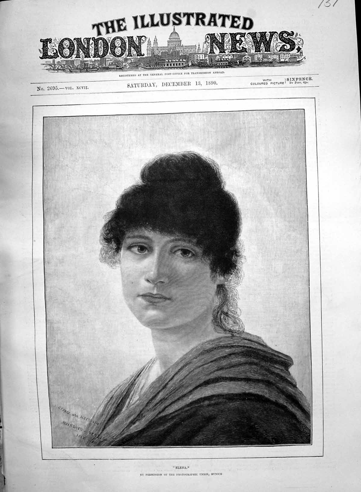 Original Old Antique Print 1890 Portrait Beautiful Woman Elena Munich Victorian