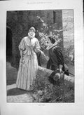 Original Old Antique Print 1890 Stolen Tryst Lady Man Romance Castle Taylor