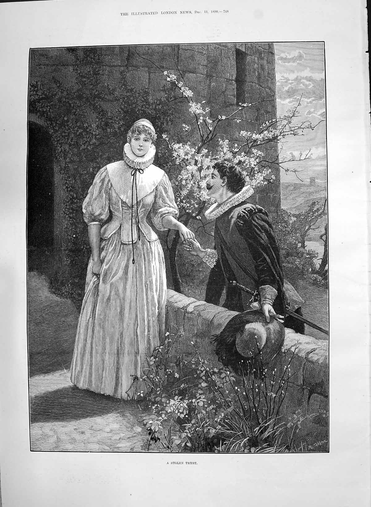 Original Old Antique Print 1890 Stolen Tryst Lady Man Romance Castle Taylor