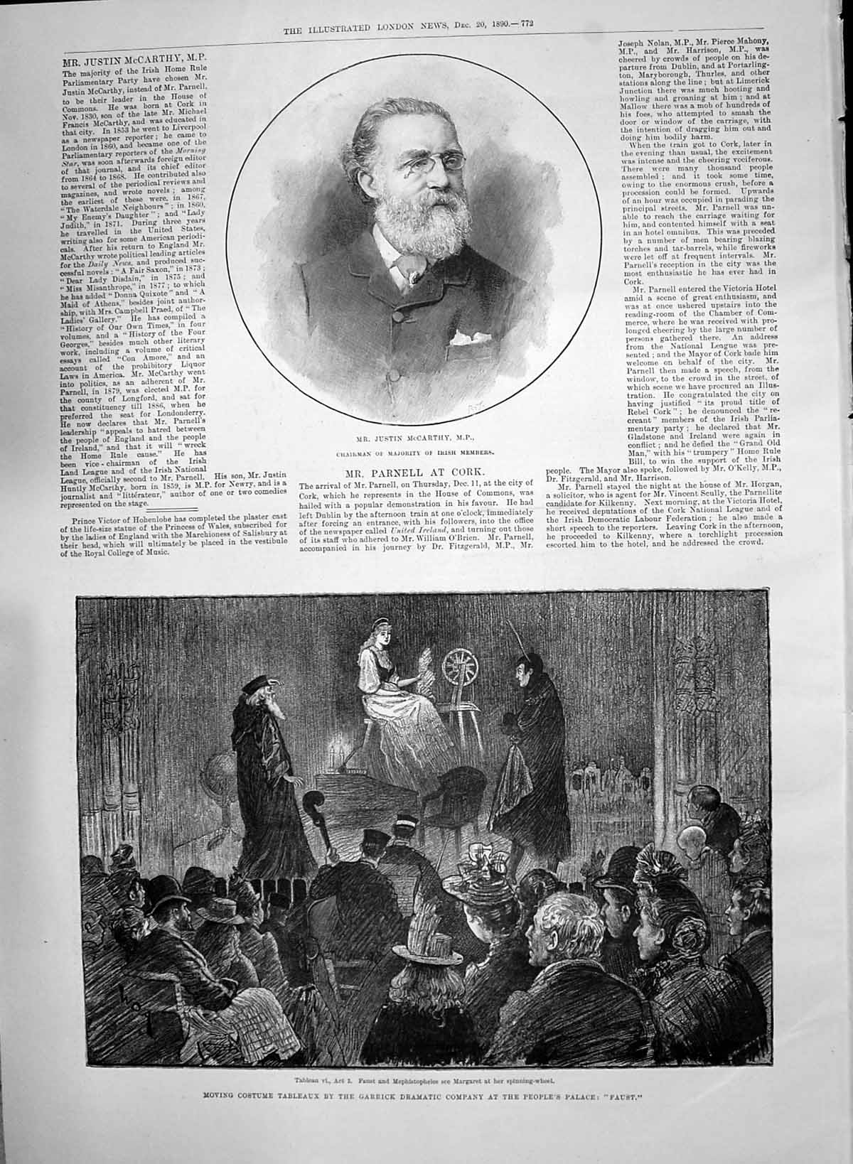 Old Print 1890 Justice Mccarthy Garrick Theatre Faust Teignmouth Peacock 19th