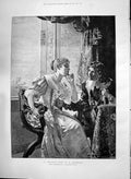 Original Old Antique Print 1890 Proposal Lady Man Romance House Window Munich