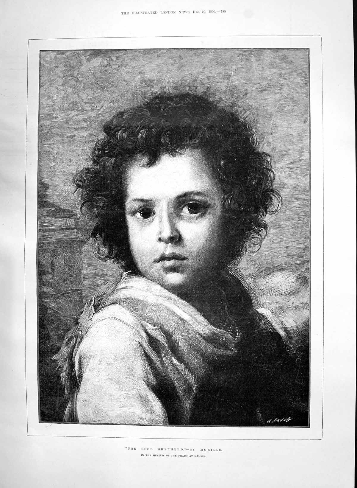 Original Old Antique Print 1890 Good Shepherd Young Boy Portrait Murillo 19th