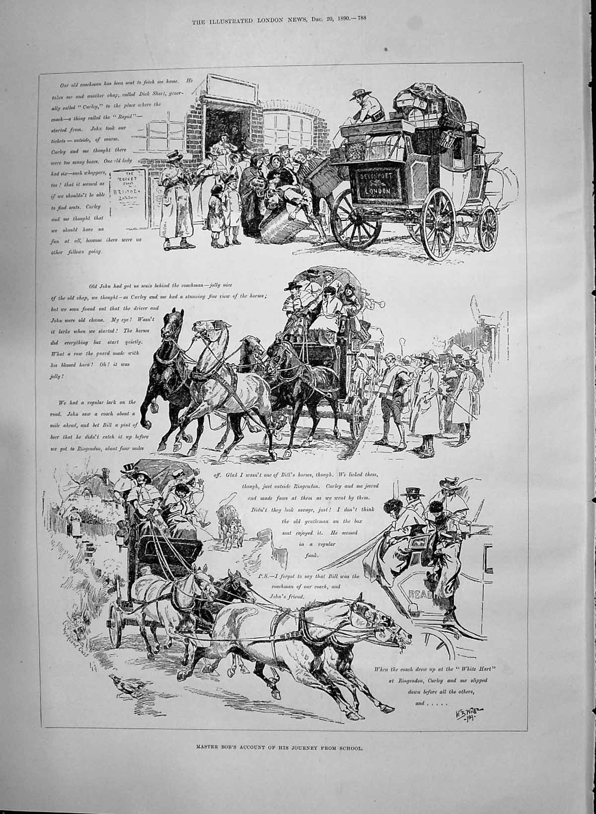 Old Print 1890 Master Bob Story Journey Home From School Horses Transport 19th