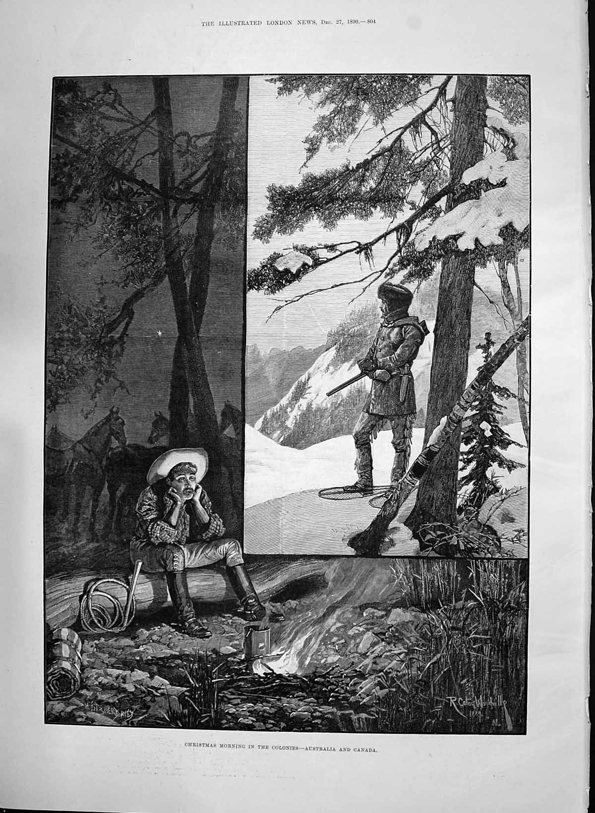 Old Print 1890 Christmas Morning Colonies Australia Canada Snow Mountains 19th