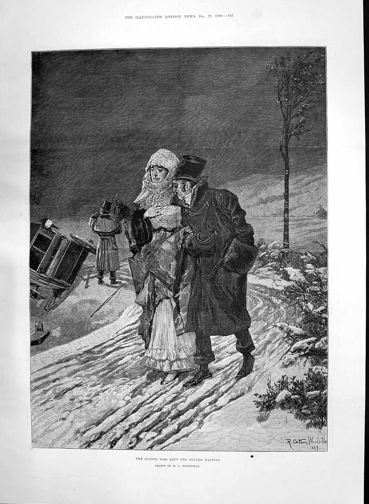 Old Antique Print 1890 Transport Coach Crash Winter Snow Scene Woodville 19th
