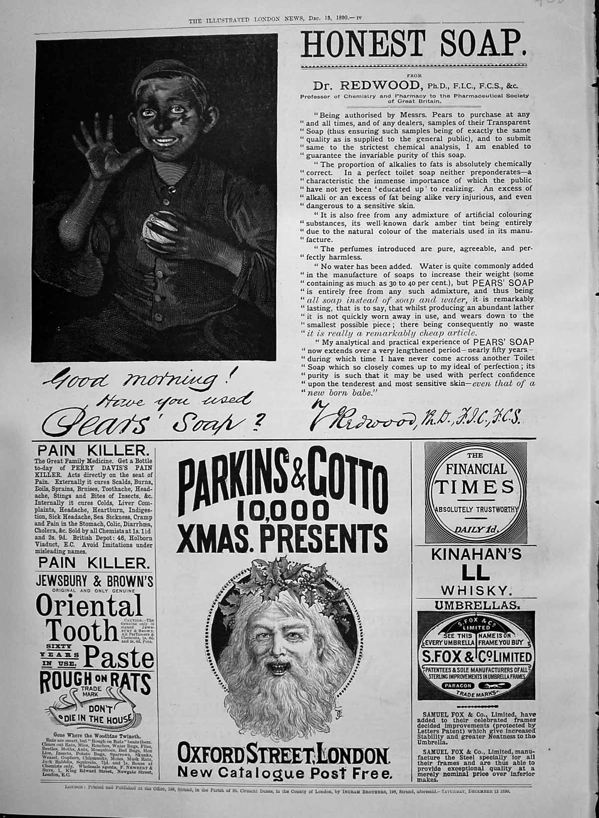 Old Advertisement Redwood Soap Parkins Presents Whisky Fox Brown 1890 Victorian