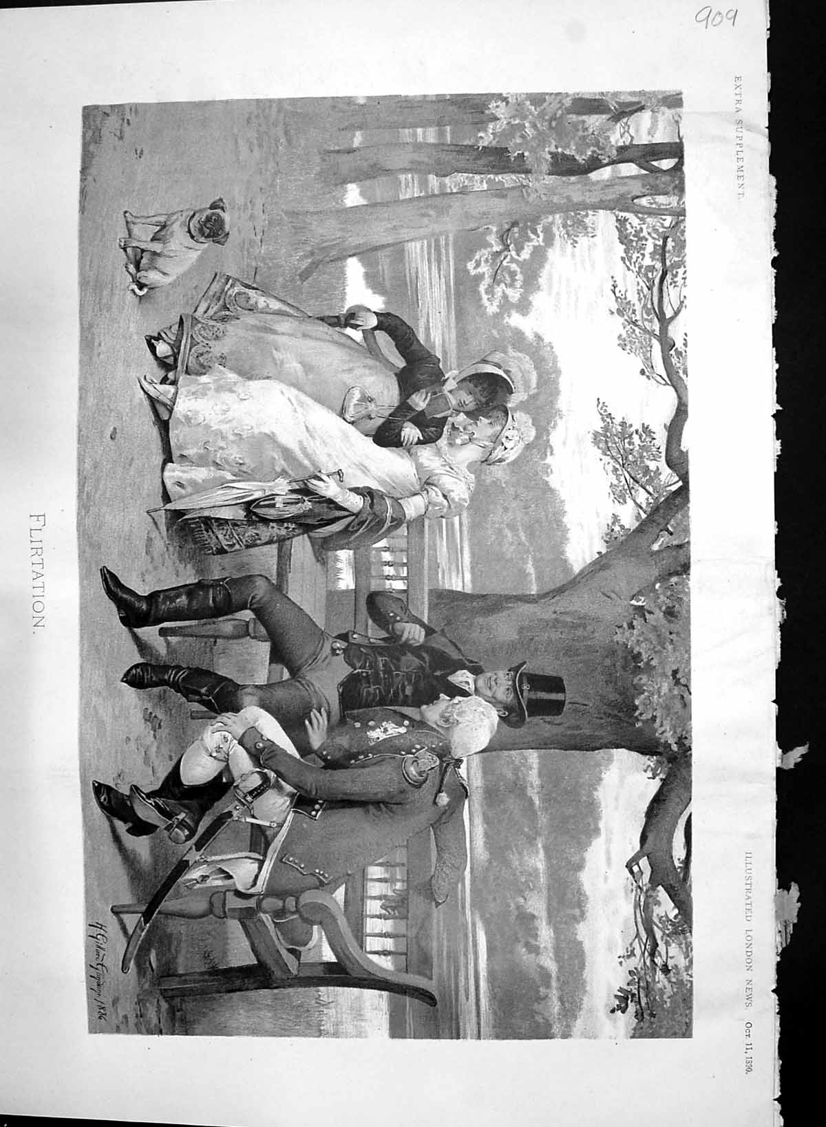 Old Print Colour 1890 Flirtation Ladies Men River Bench Romance Glindani 19th