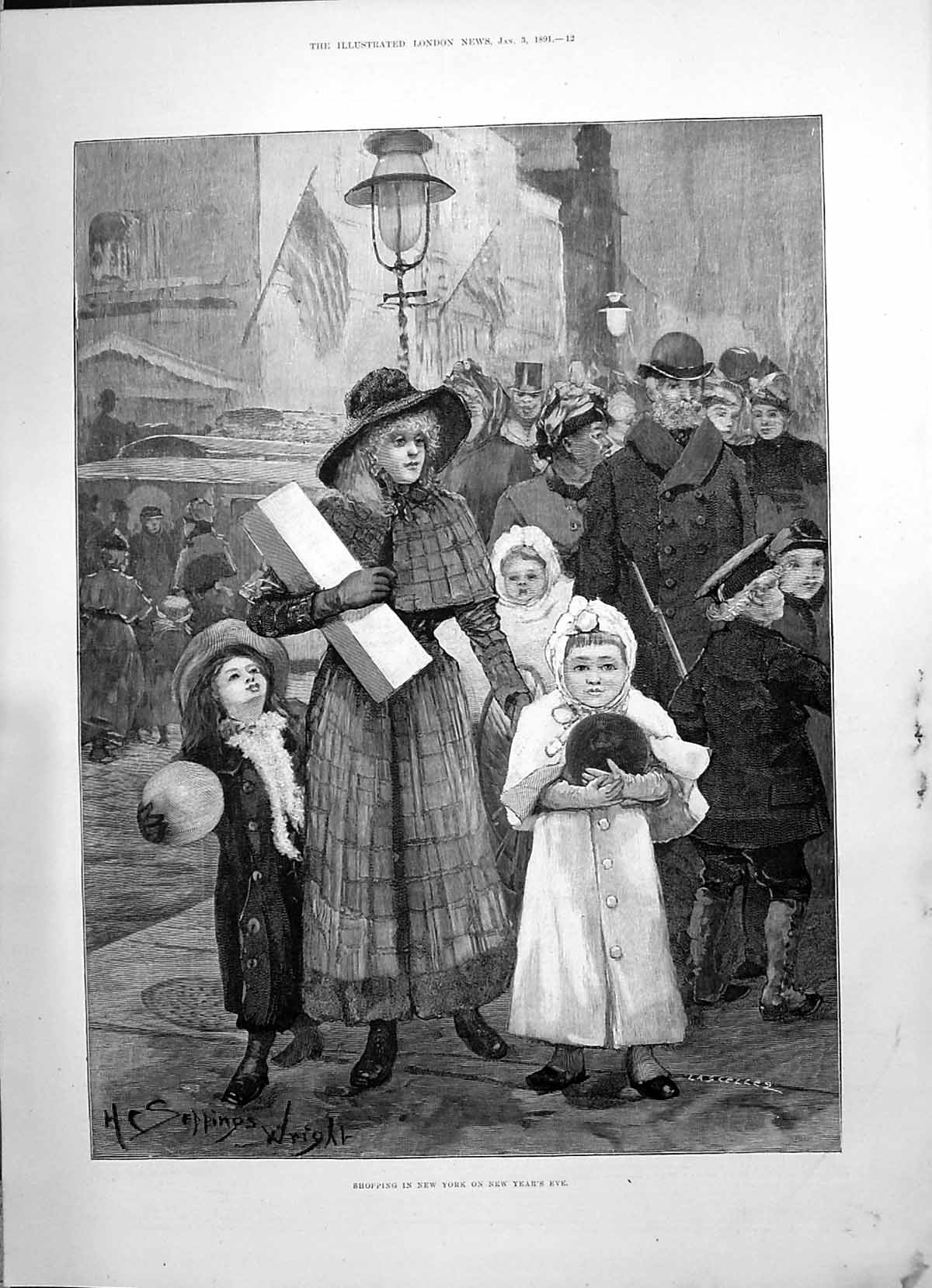 Old Antique Print 1891 Shopping New York Year'S Eve America Street Scene 19th