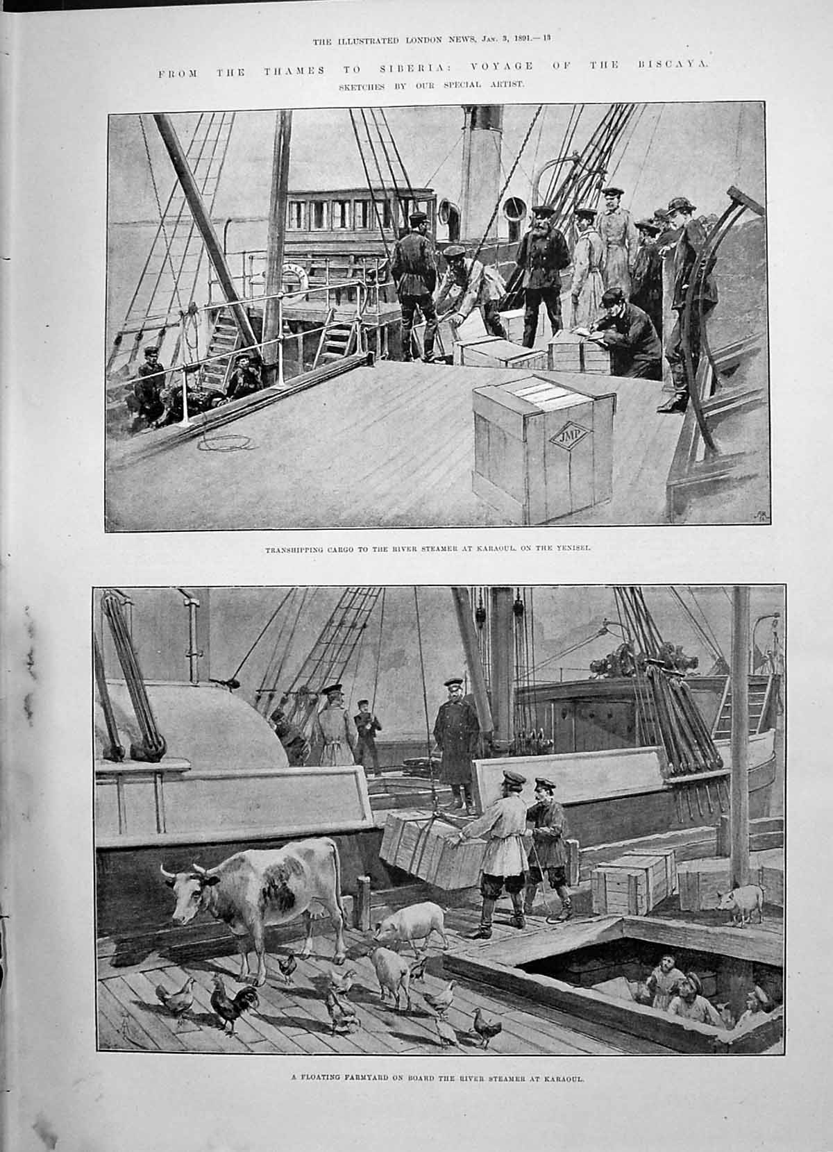 Old 1891 Cargo River Steamer Ship Biscaya Karaoul Yenisei Animals Sib Victorian