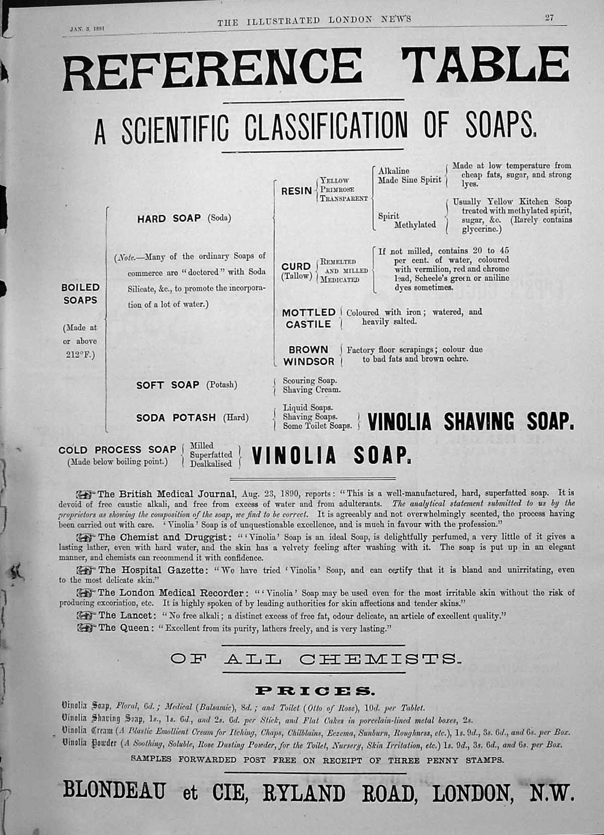 Old 1891 Advertisement Vinolia Shaving Soap Blondeau Ryland Road Lond Victorian