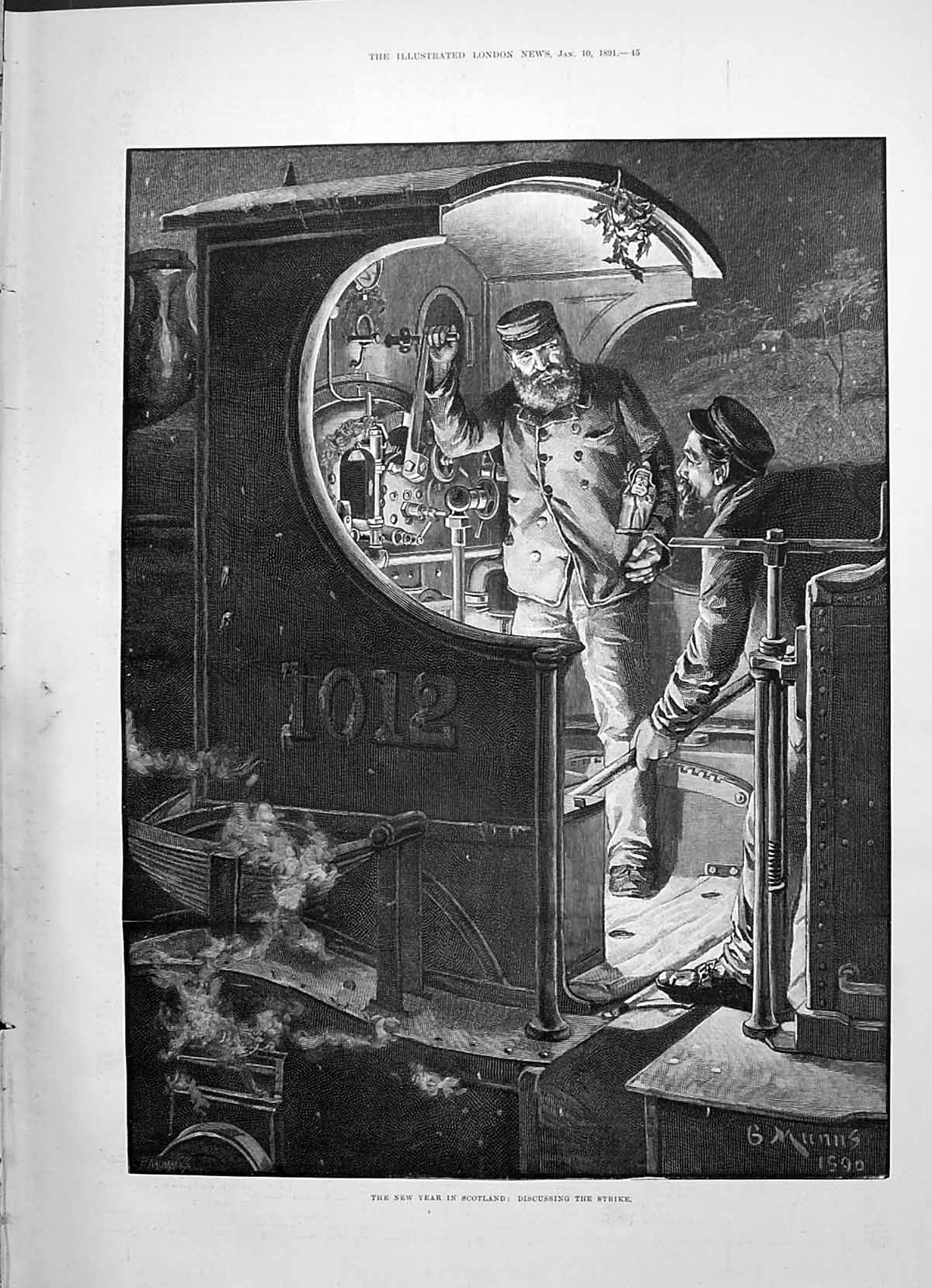 Old Print 1891 New Year Scotland Railway Engine Drivers Discussing Strike 19th