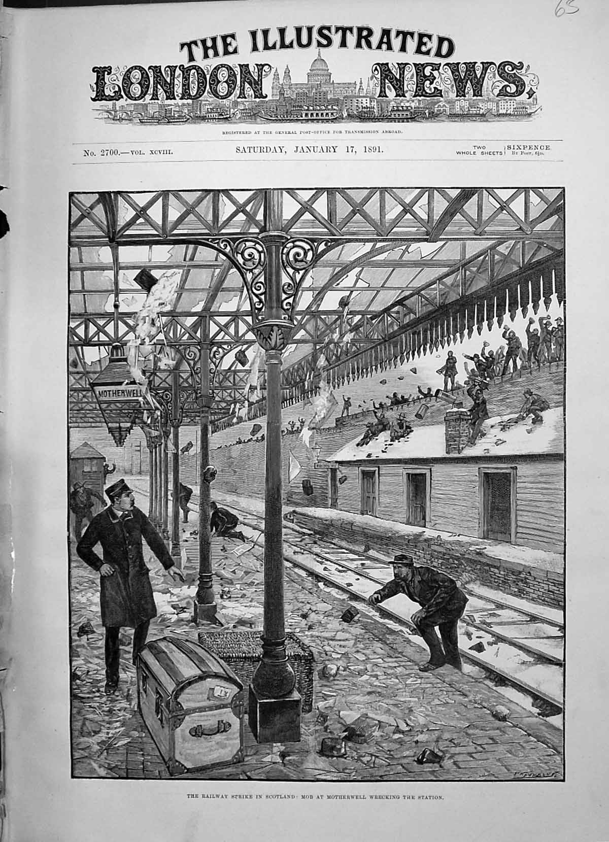 Old 1891 Railway Strike Scotland Scene Mob Motherwell Wrecking Train Victorian