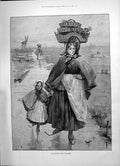 Original Old Antique Print 1891 Dutchwomen Ice Skating Market Golf Sport Tom