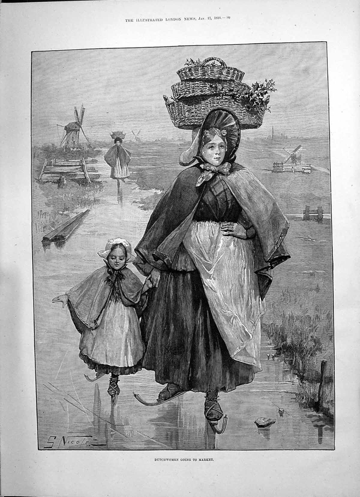 Original Old Antique Print 1891 Dutchwomen Ice Skating Market Golf Sport Tom