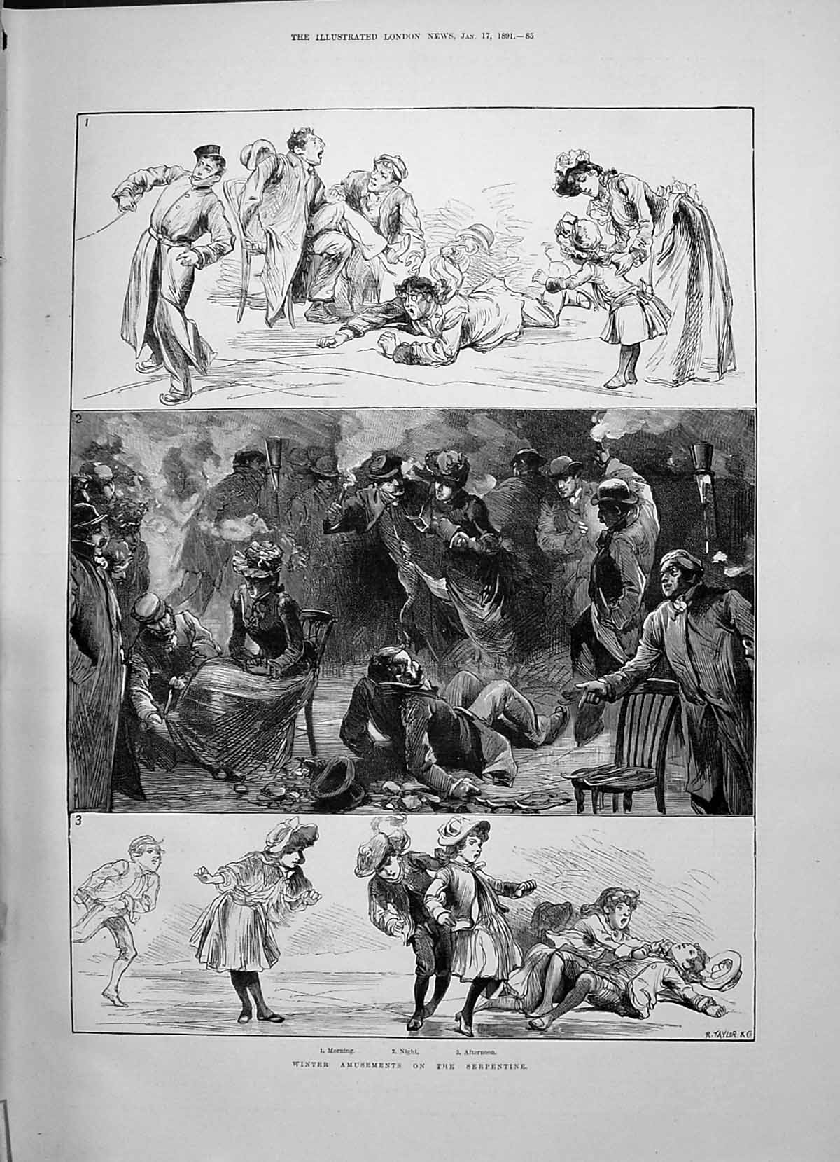 Original Old Antique Print 1891 Winter Amusements Serpentine Ice Skating 19th