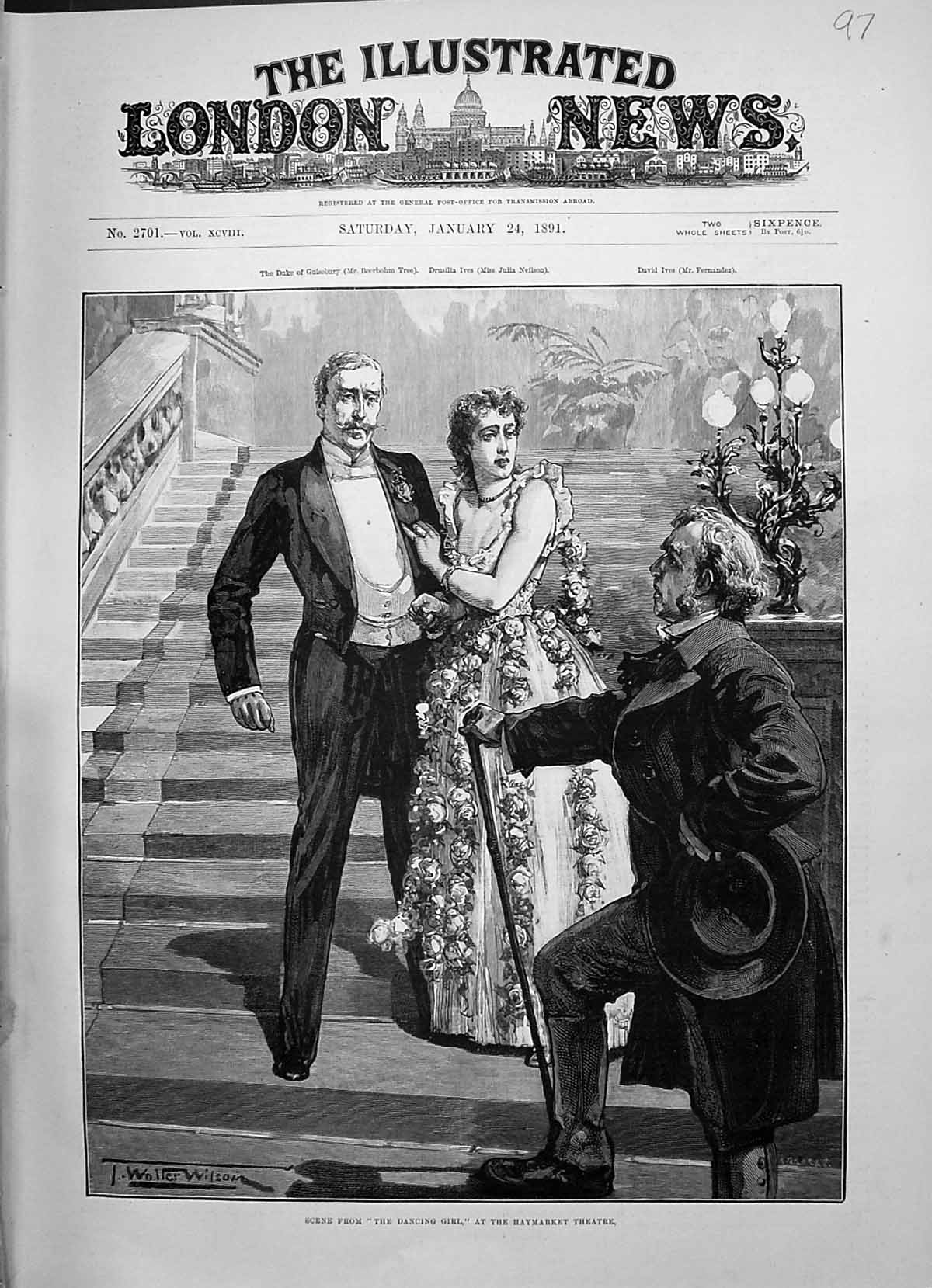 Antique Old Print 1891 Scene Dancing Girl Haymarket Theatre Lady Man Romance
