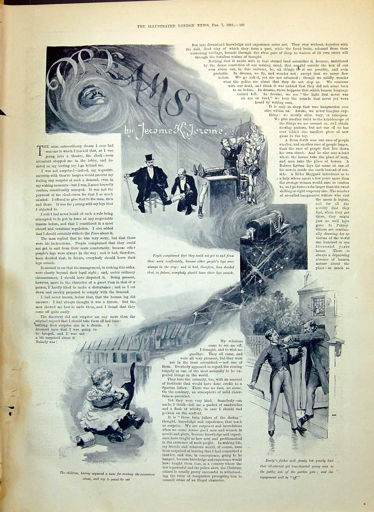 Original Old Antique Print 1891 Story Illustration Dreams Jerome Children Emily