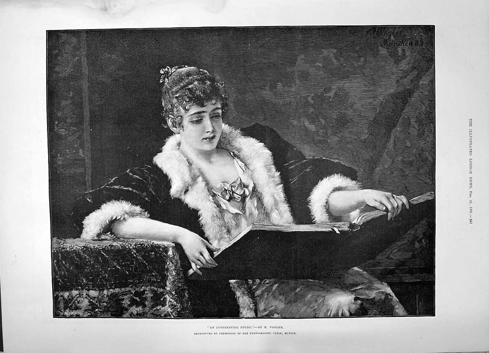 Original Old Antique Print 1891 Interesting Study Beautiful Woman Reading Book