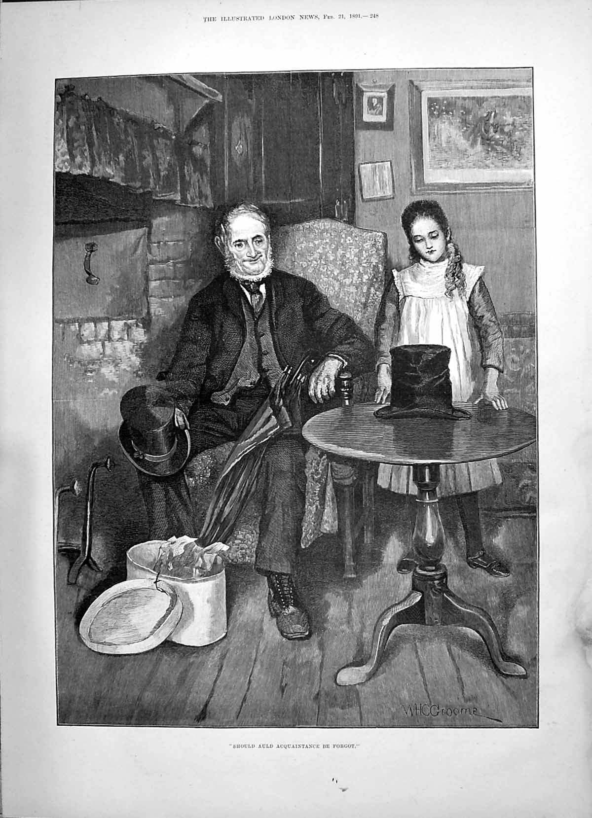 Antique Print 1891 Should Auld Acquaintance Be Forgot Young Girl Man Top Ha