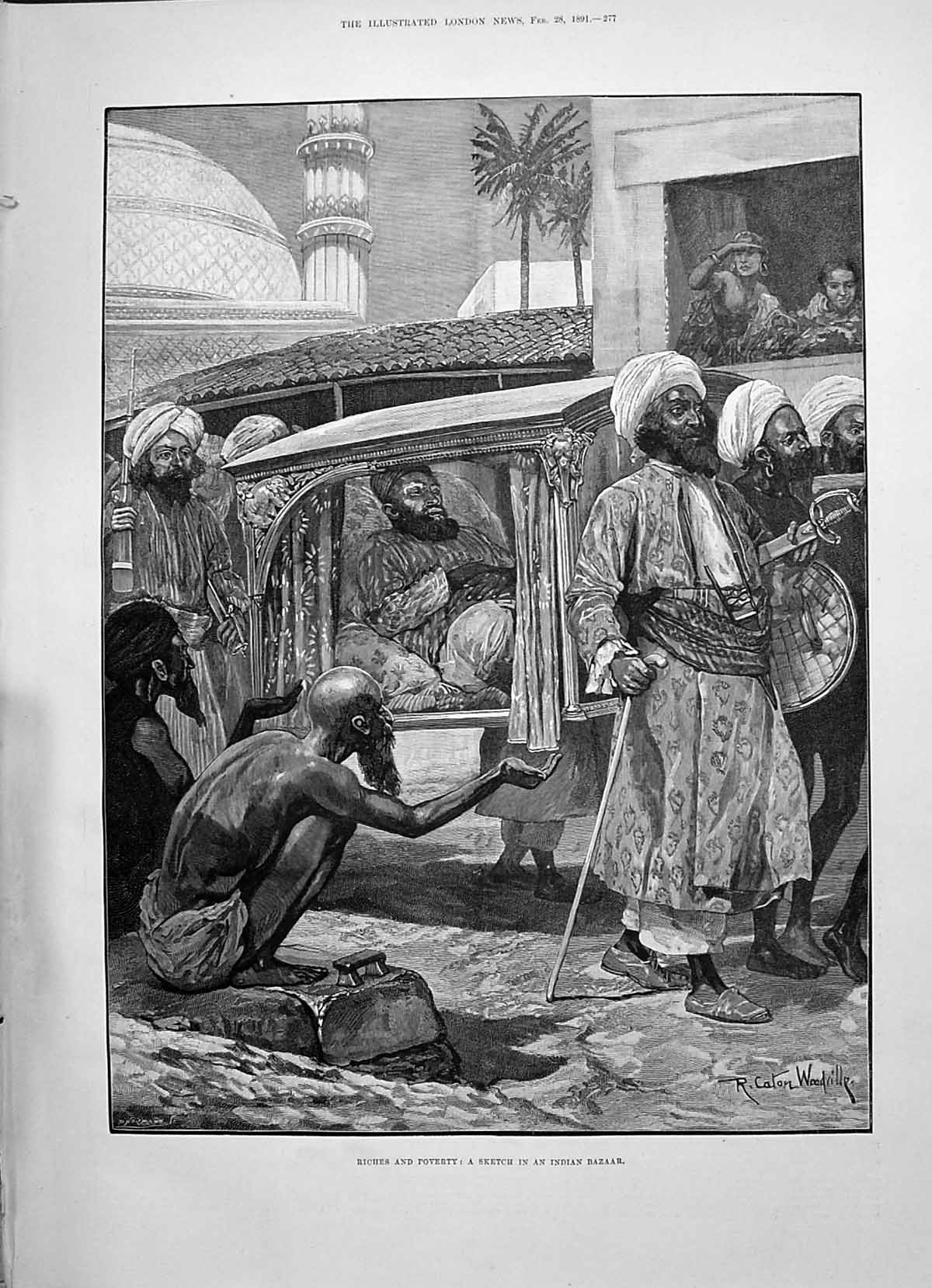 Old Print 1891 Indian Bazaar Riches Poverty Beggars Rich People Woodvill 19th