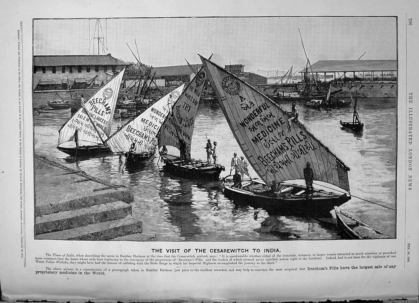 Antique Old Print 1891 Beechams Pills Proprietary Medicine Times India Yachts