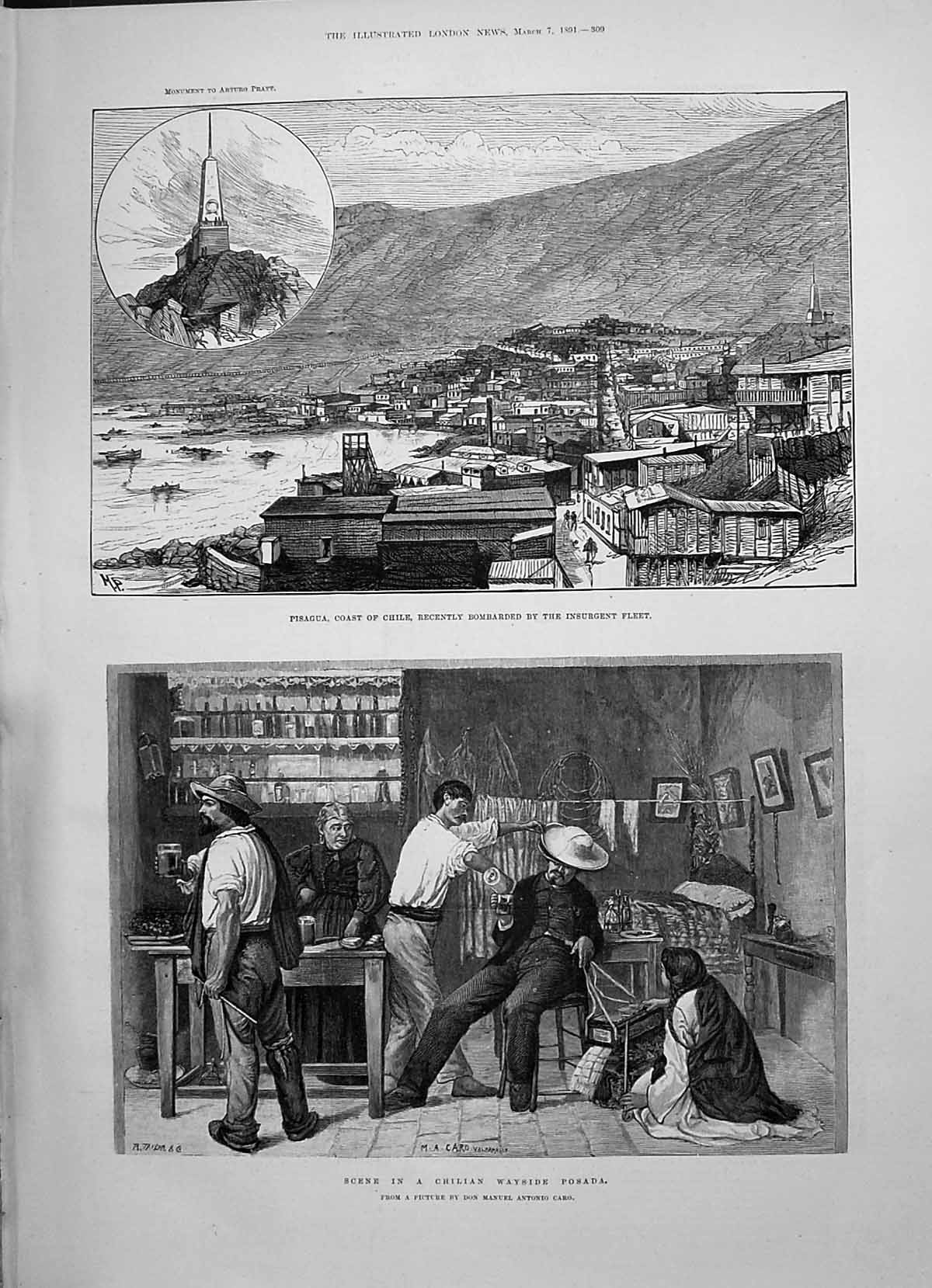 Old 1891 Scene Chilian Wayside Posada Pisagua Chile Monument Arturg P Victorian