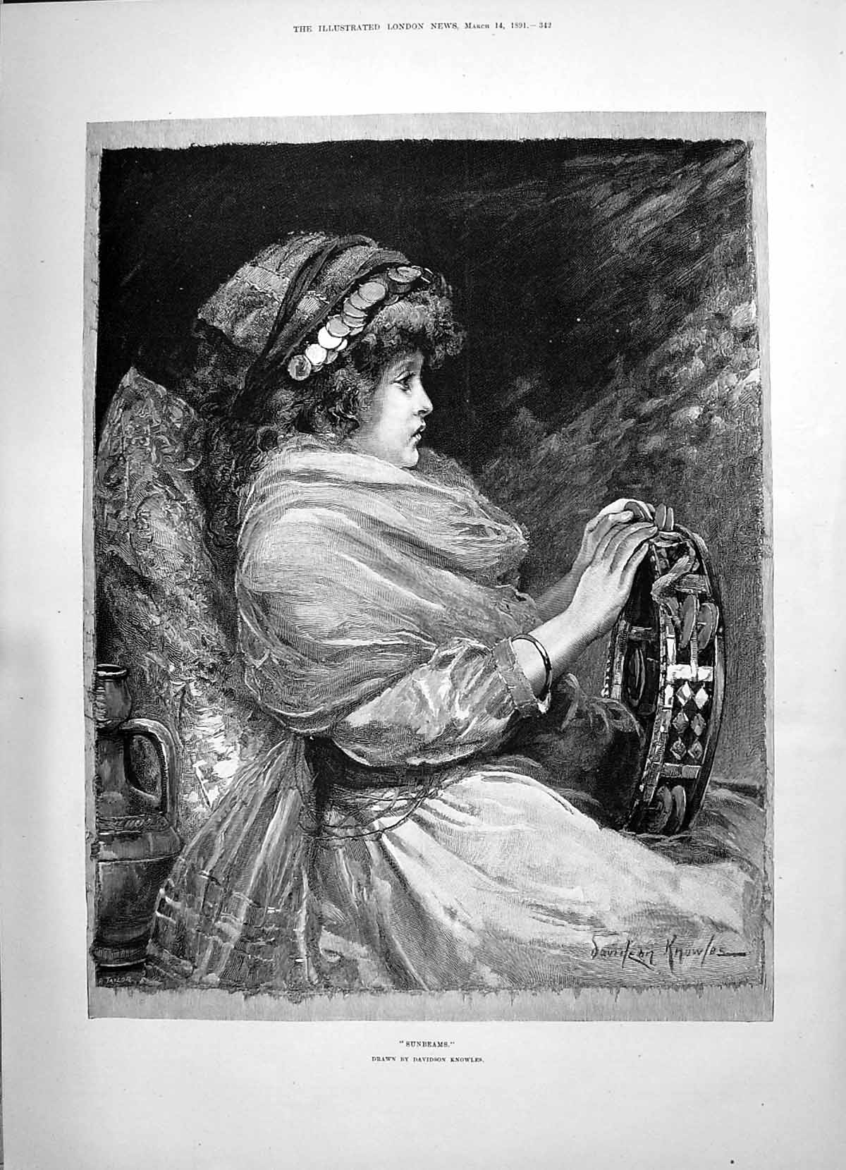 Antique Old Print 1891 Knowles Portrait Sunbeams Beautiful Young Girl Music