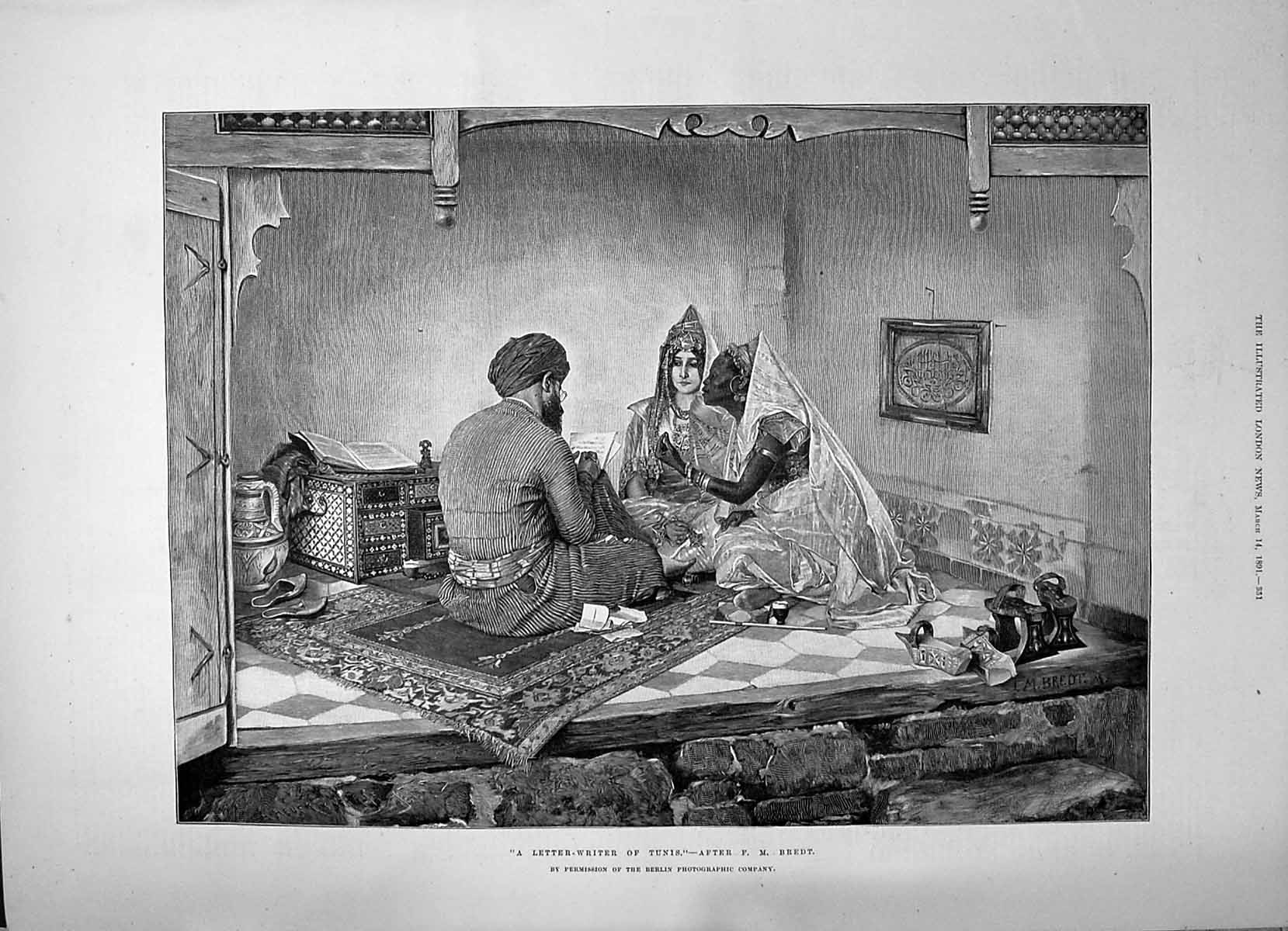 Old Print 1891 Letter Writer Tunis North Africa Man Ladies Writing Bredt 19th