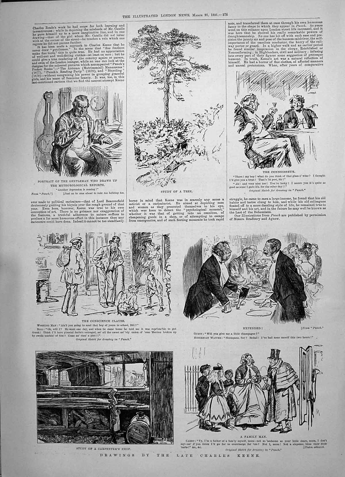 Old 1891 Drawings Charles Keene Carpenters Shop Meteorological Report Victorian