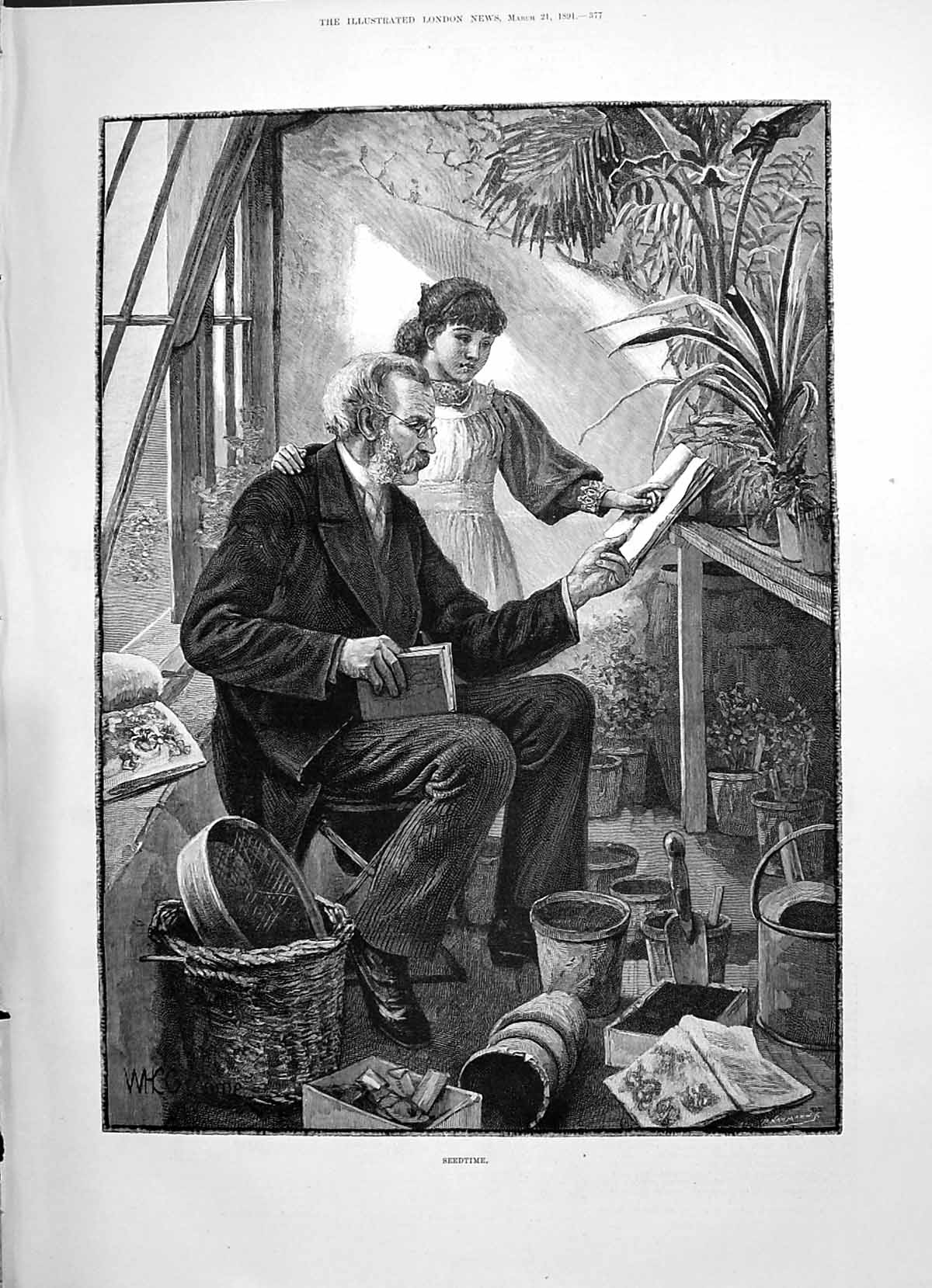 Old Print 1891 Seedtime Little Girl Man Gardener Greenhouse Charles Lamb 19th