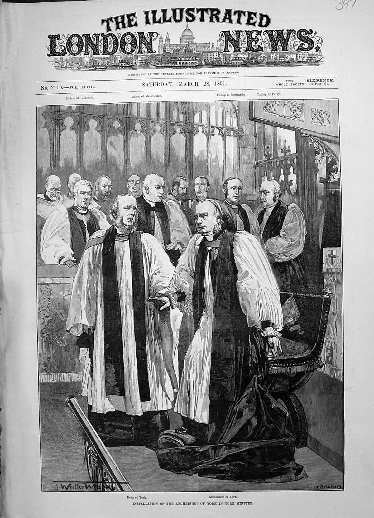 Original Old Antique Print 1891 Installation Archbishop York Minster Dead 19th