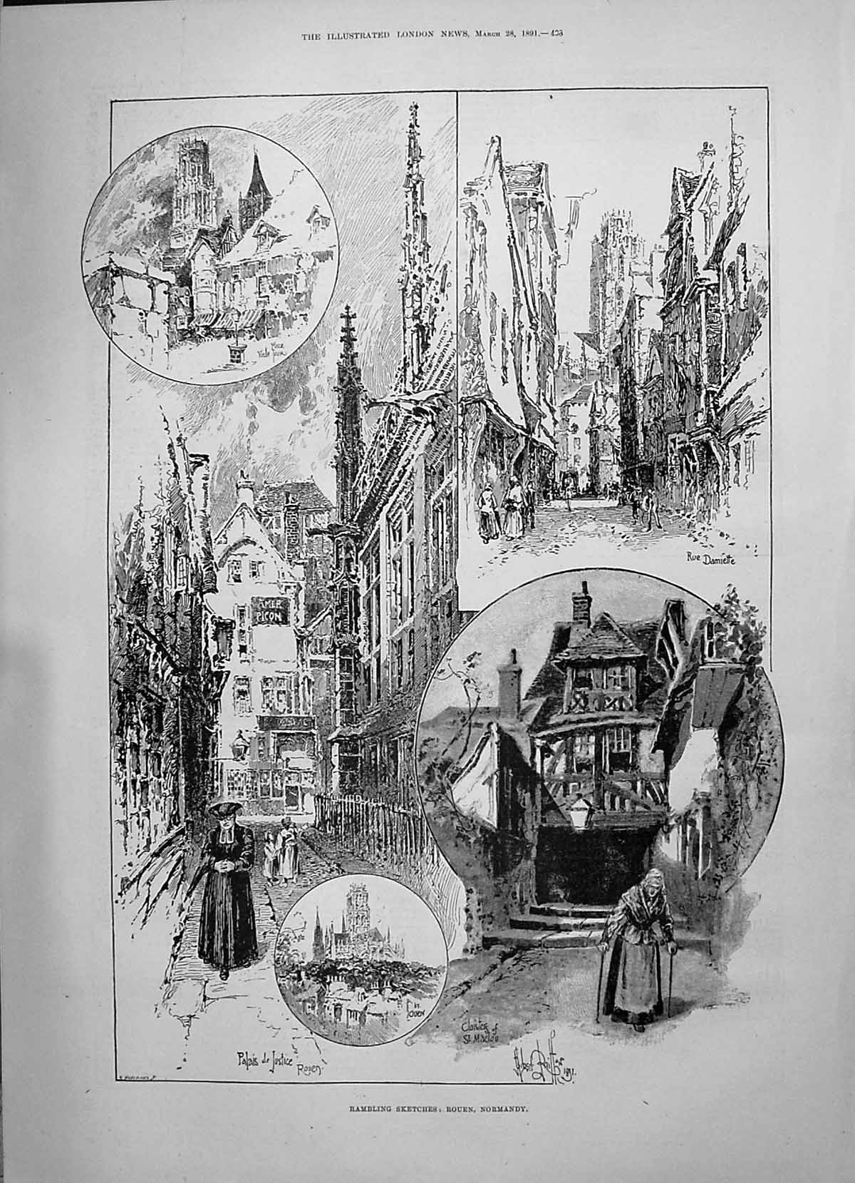 Old 1891 Rouen Normandy France Rue Damiette Palais Justice Cloisters Victorian