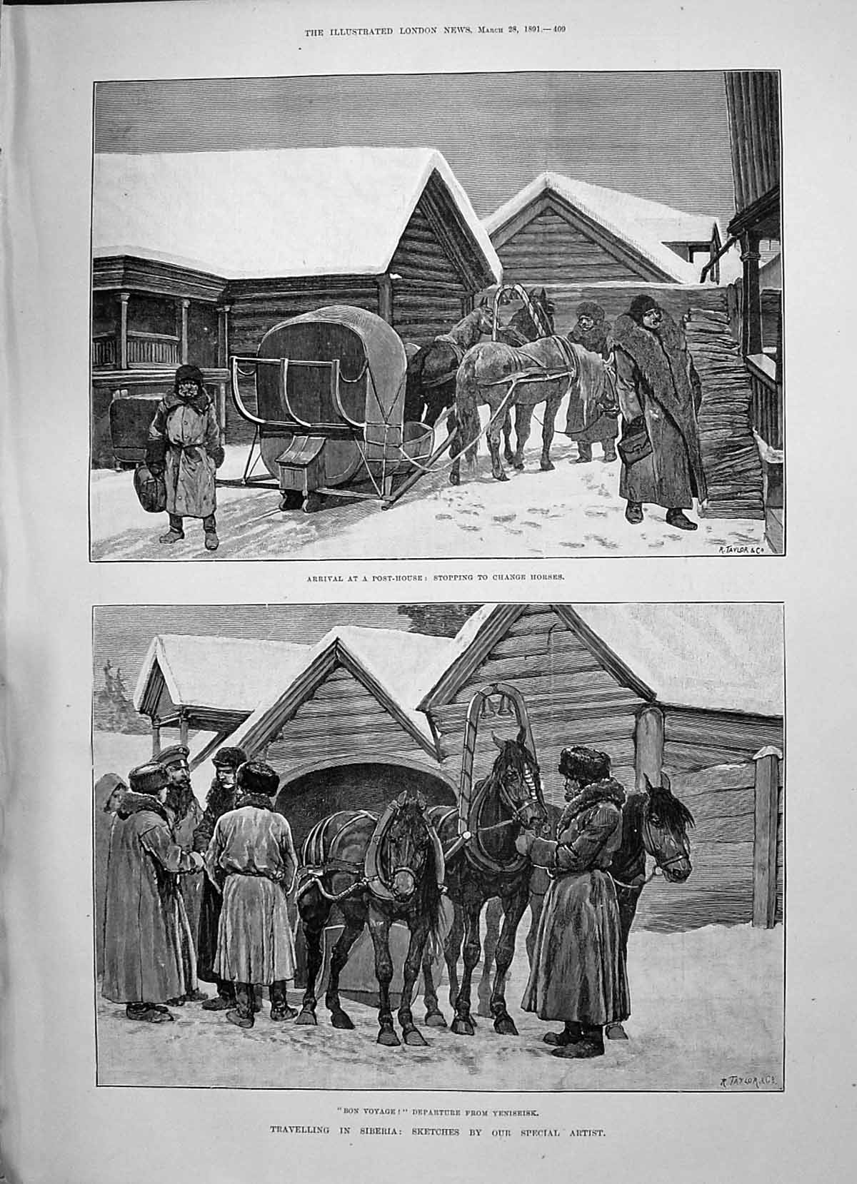 Old Print 1891 Siberia Post Office Horses Yeniseisk Portrait Caran D'Ache 19th