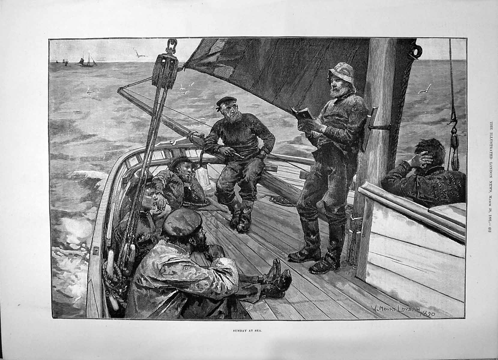 Old 1891 Sunday Service Deck Fishermen Fishing Boat Tillietudlem Cast Victorian