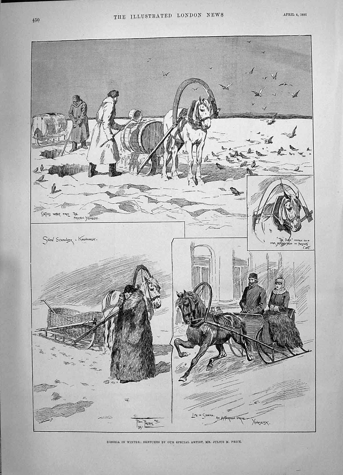 Old 1891 Siberia Winter Scene Snow Scavenger Krasnoiarsk Frozen Yenes Victorian