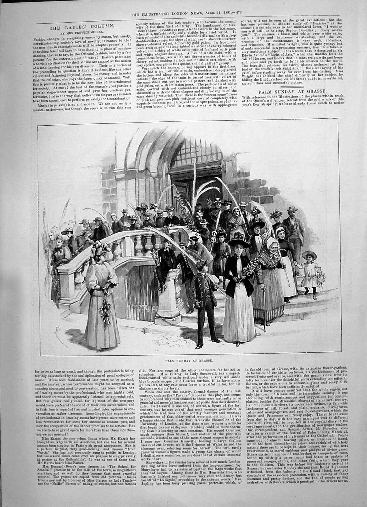 Antique Print 1891 Palm Sunday Scene Grasse Church Exterior Mass Cathedral 19th