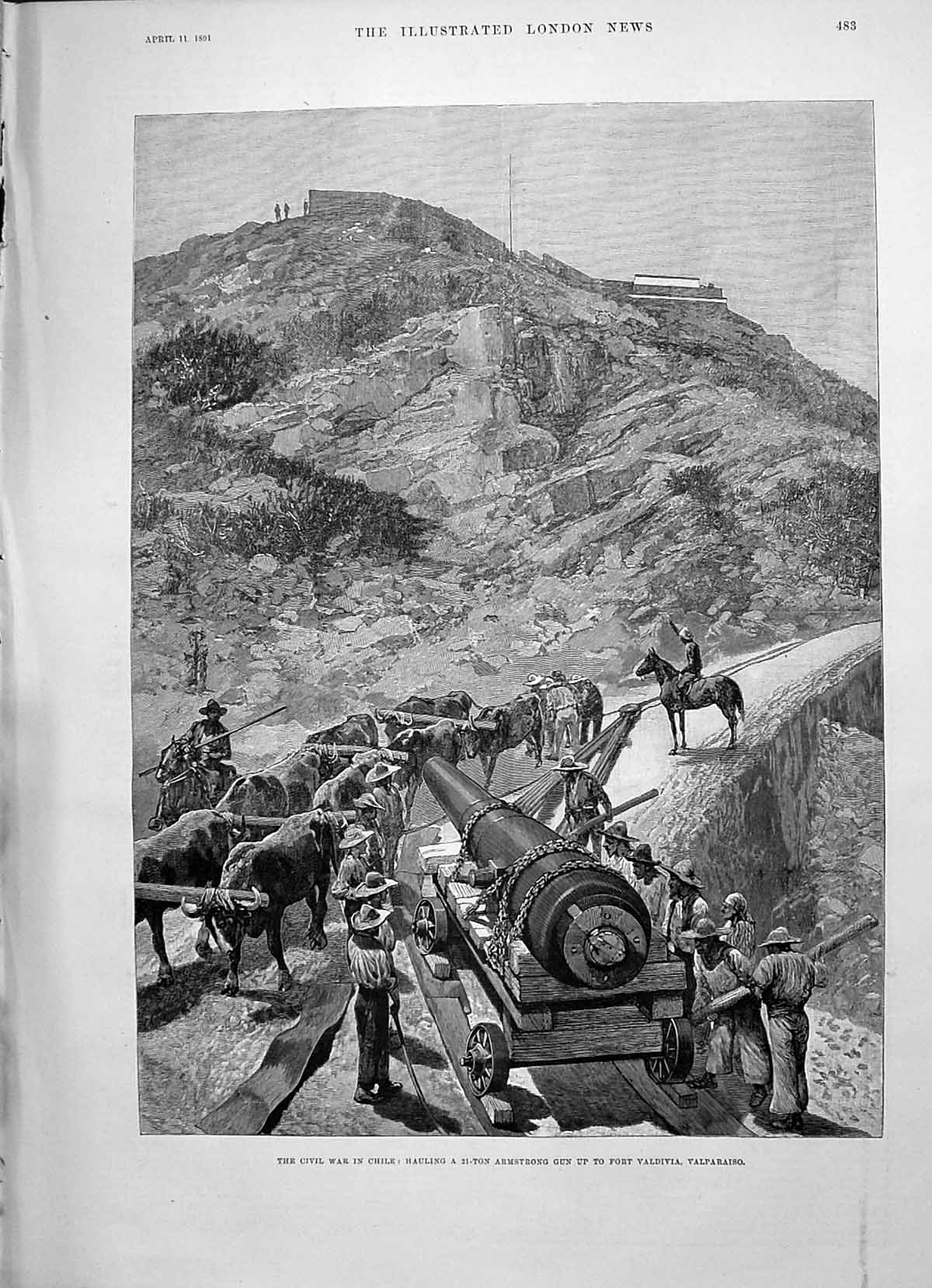 Old 1891 Civil War Chile Hauling Armstrong Gun Fort Valdivia Valparai Victorian