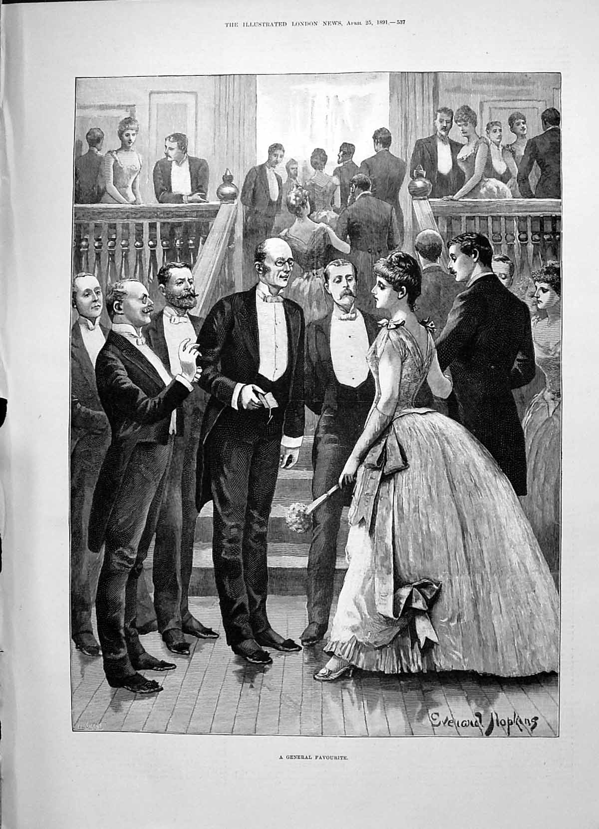 Old Antique Print 1891 General Favourite Lady Men Dance Romance Hopkins 19th