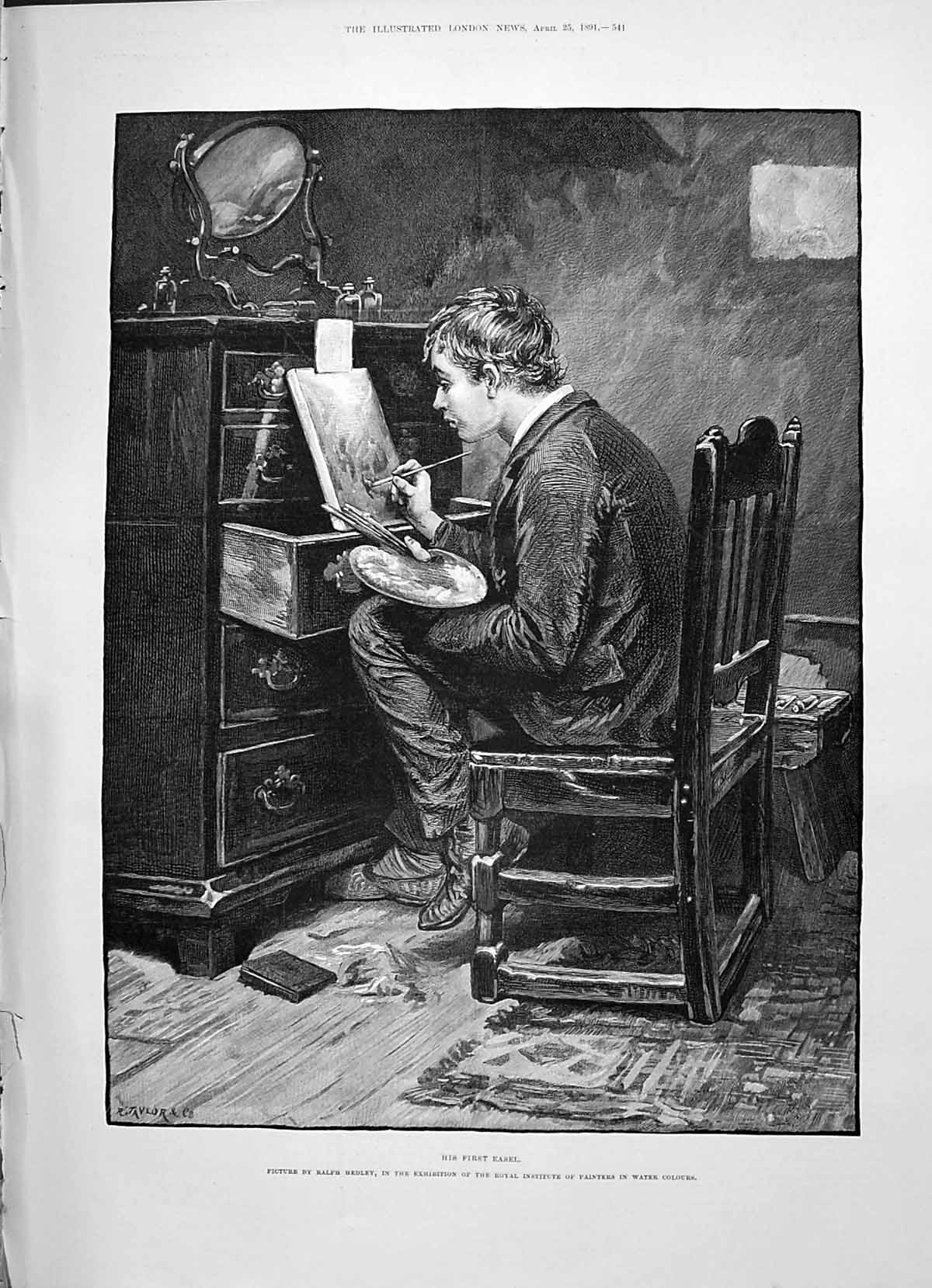 Old Antique Print 1891 First Easel Young Boy Artist Hedley Charles Kemble 19th