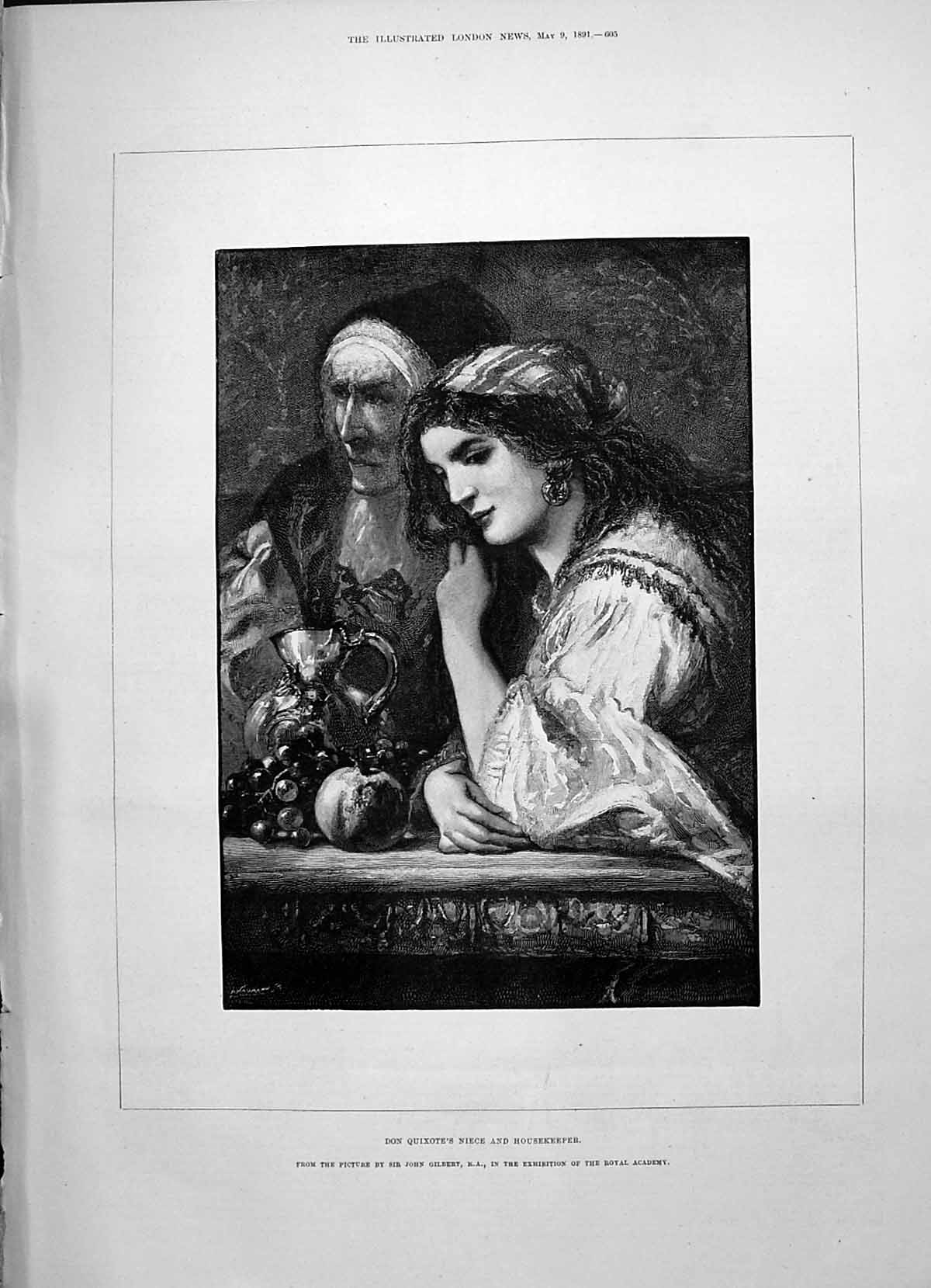 Old Print 1891 Don Quixote Housekeeper Gilbert Thackeray House Kensington 19th