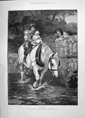Antique Print 1891 HTight Children Crossing River Horse Morgan Art Lion Bir