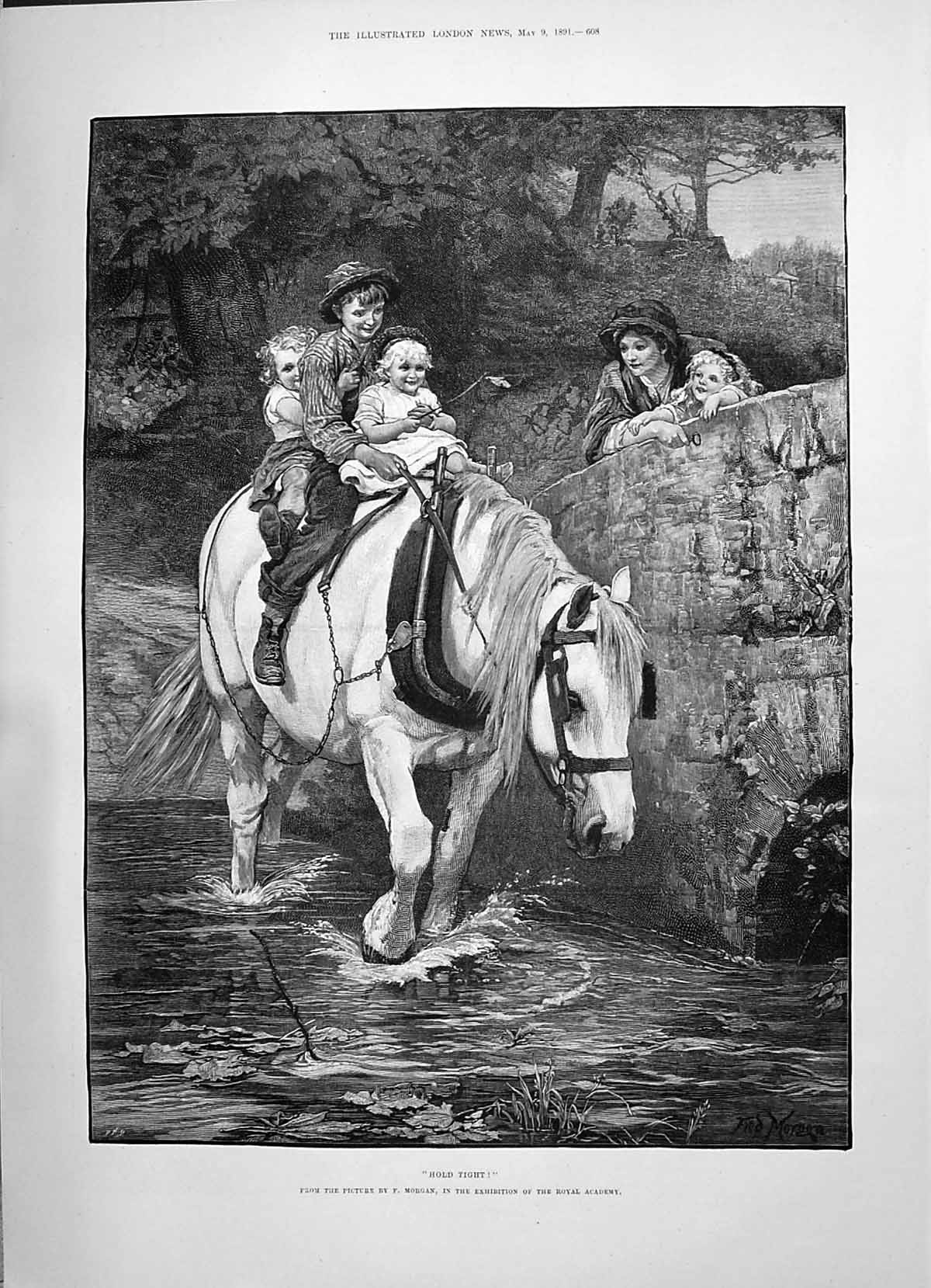 Antique Print 1891 HTight Children Crossing River Horse Morgan Art Lion Bir