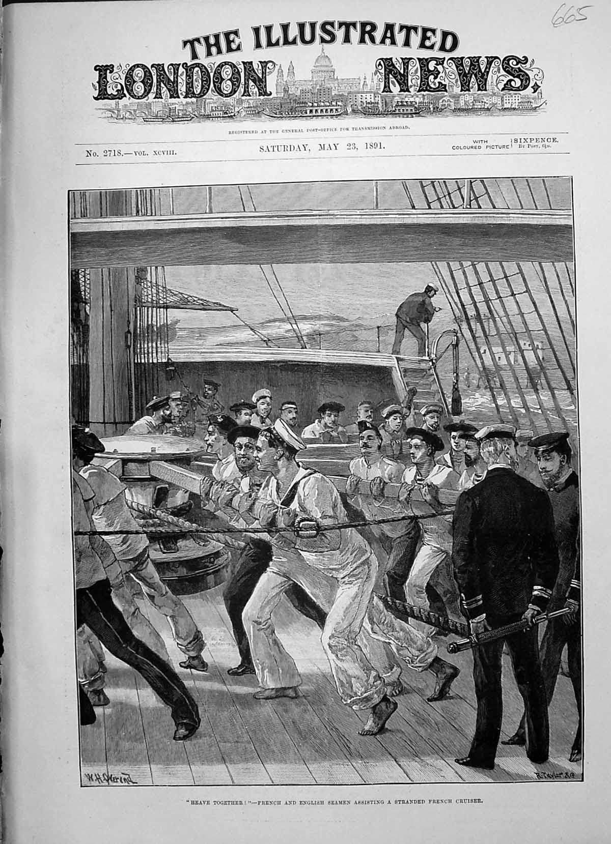 Old 1891 French English Seamen Assisting Stranded French Cruiser Navy Victorian