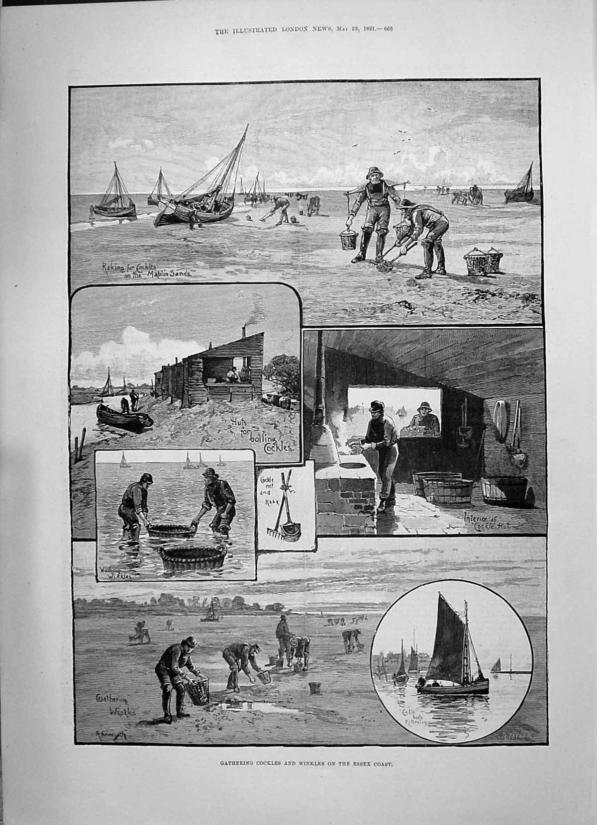 Antique Print 1891 Gathering Cockles Winkles Essex Malalin Sands Edwin Long