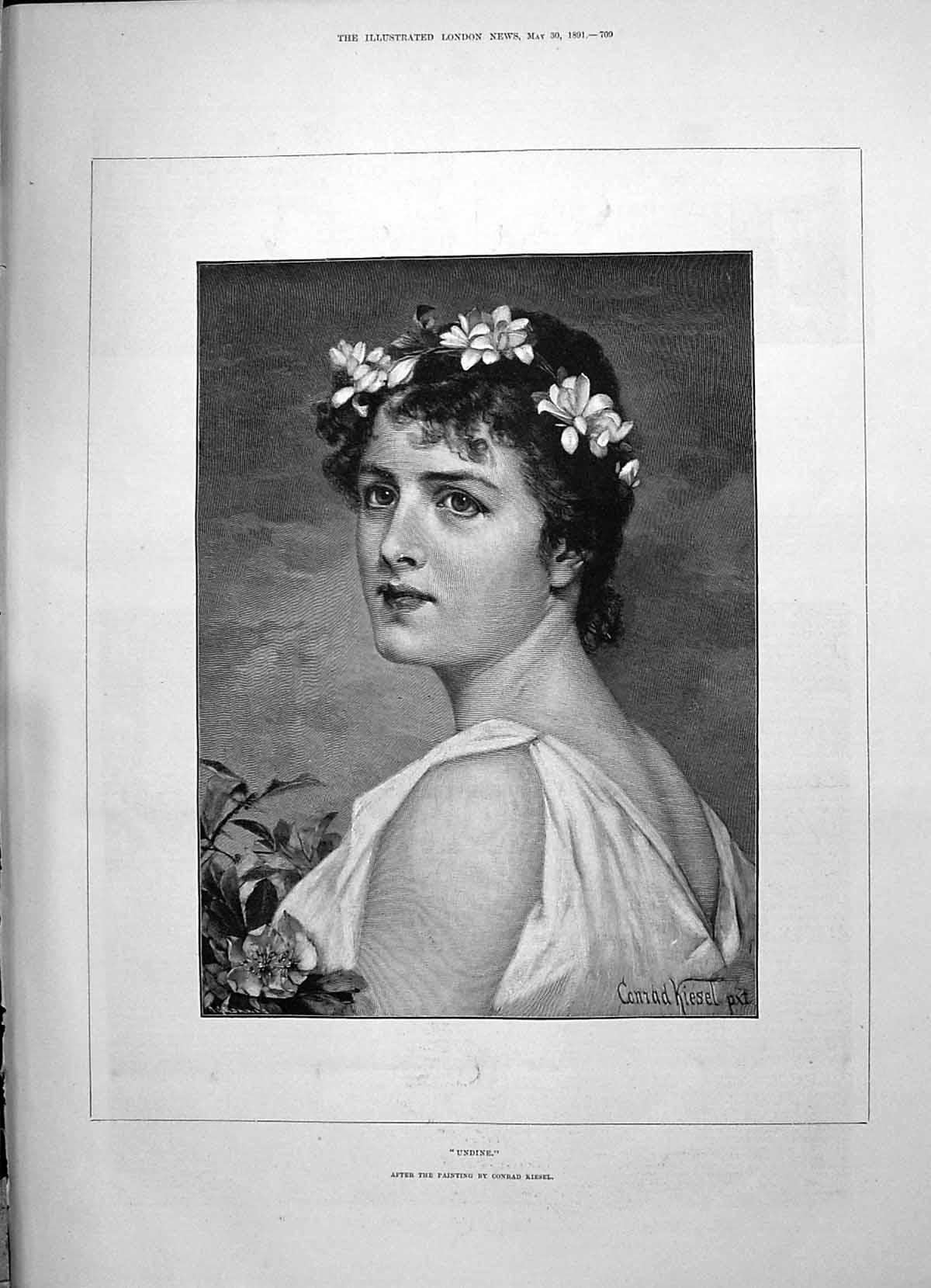 Old Antique Print 1891 Portrait Undine Beautiful Woman Thomas De Quincey 19th