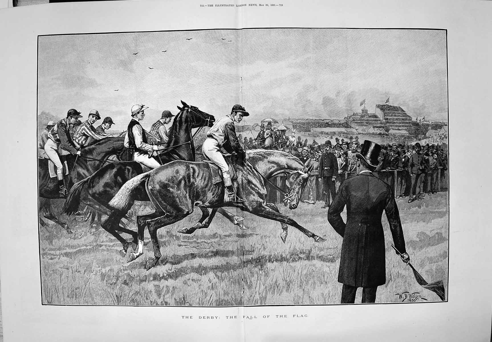 Antique Print 1891 Derby Horse Racing Jockeys Spectators Start Line Wollen