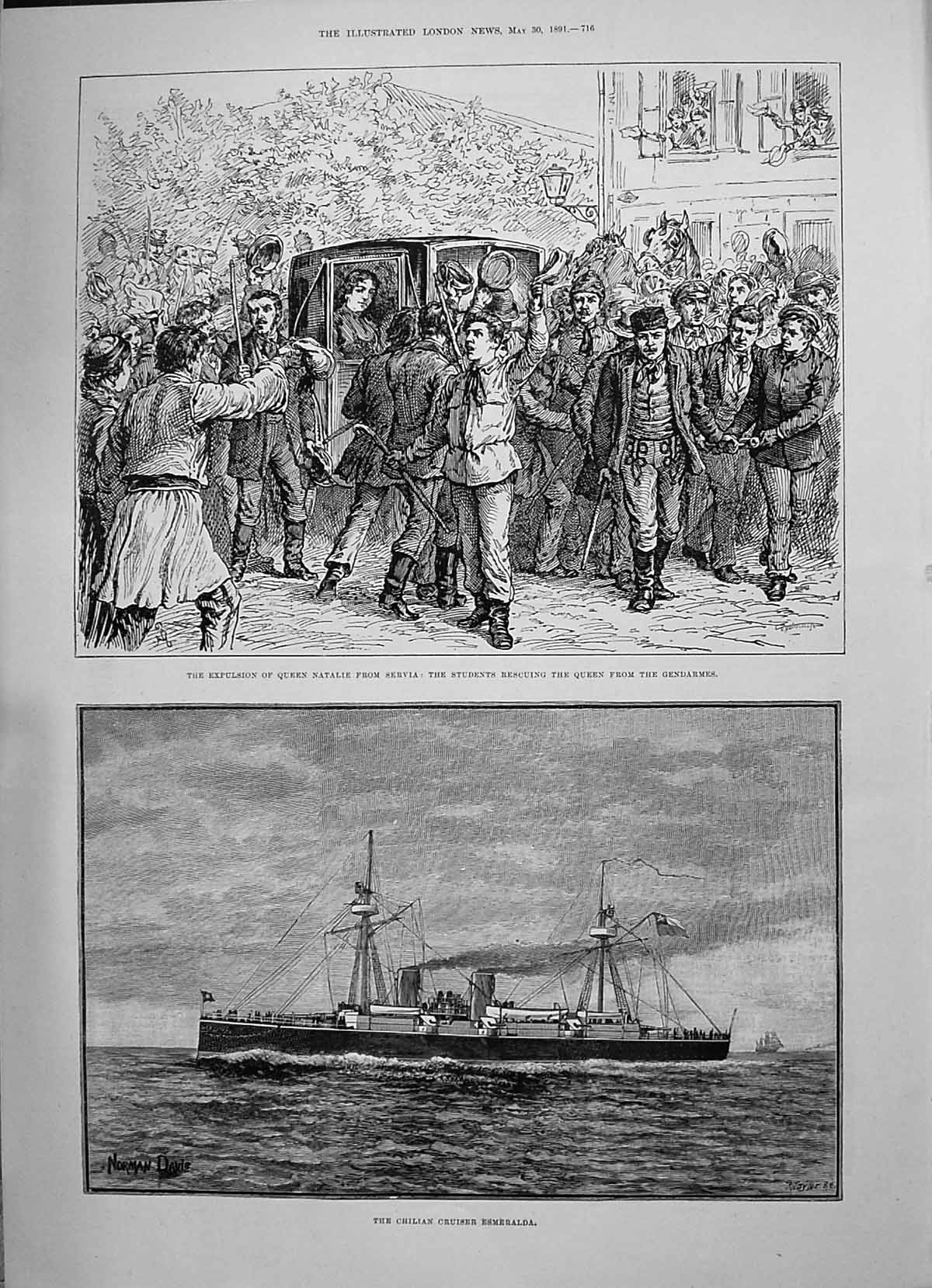 Old 1891 Chilian Cruiser Ship Esmeralda Expulsion Queen Natalie Servi Victorian