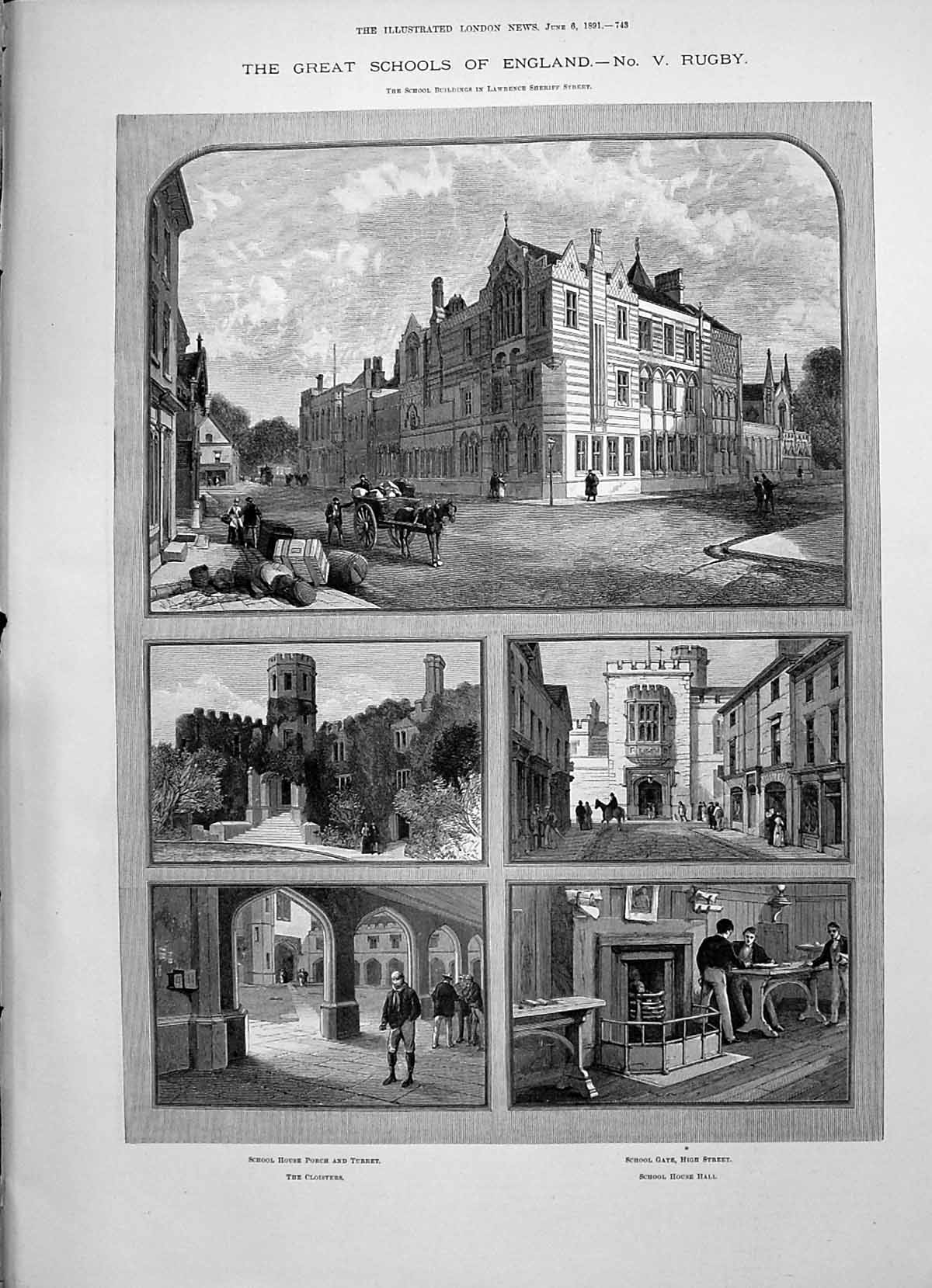 Antique Print 1891 School England Rugby House Porch Turret Cloisters ArnGra