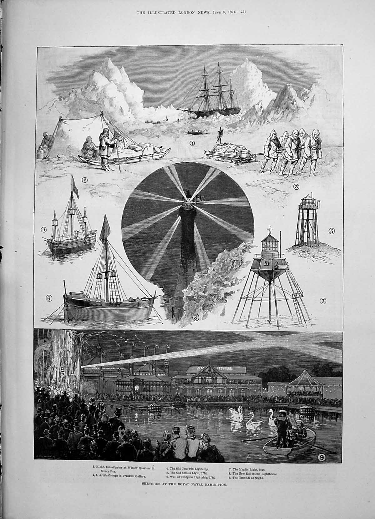 Old 1891 Naval Exhibition Ship Investigator Goodwin Eddystone Lightho Victorian
